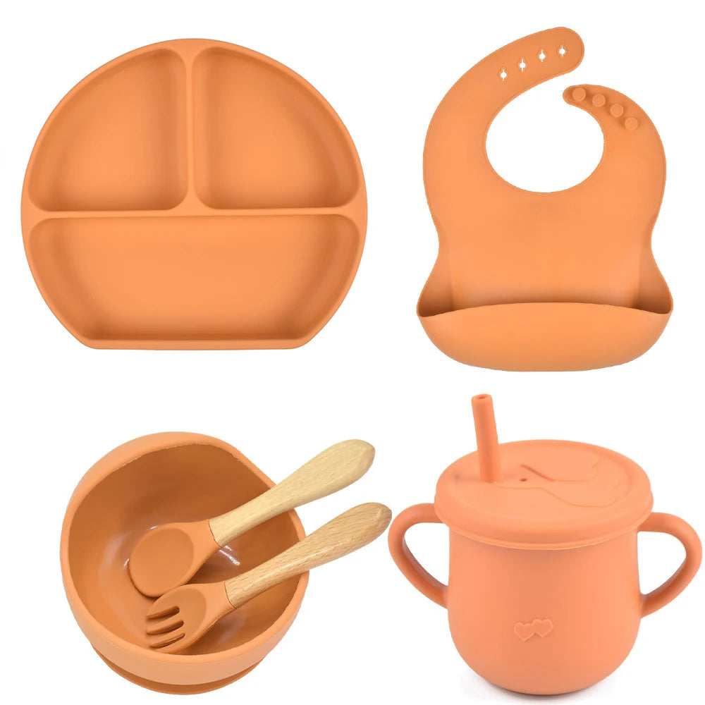 6PCS/Set Baby Silicone Dining Plate With Sucker Bowl Sippy Cup Bibs Spoon Fork BPA Free Children Feeding Tableware Baby Dishes