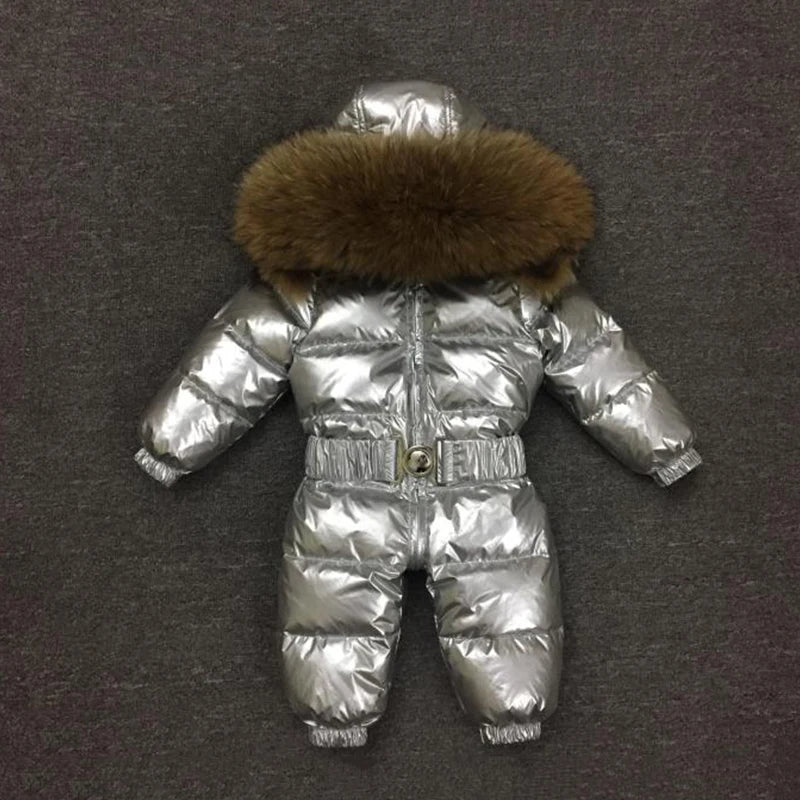 -30 Degree Kids Baby Snowsuit Winter Real Raccoon Fur Collar Boys Girls Rompers Thick Warm Down Jumpsuit Children Coat 1-5Years