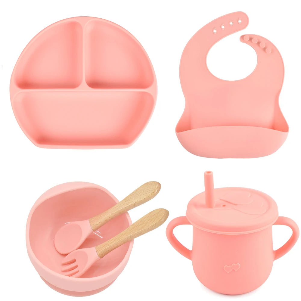 6PCS/Set Baby Silicone Dining Plate With Sucker Bowl Sippy Cup Bibs Spoon Fork BPA Free Children Feeding Tableware Baby Dishes