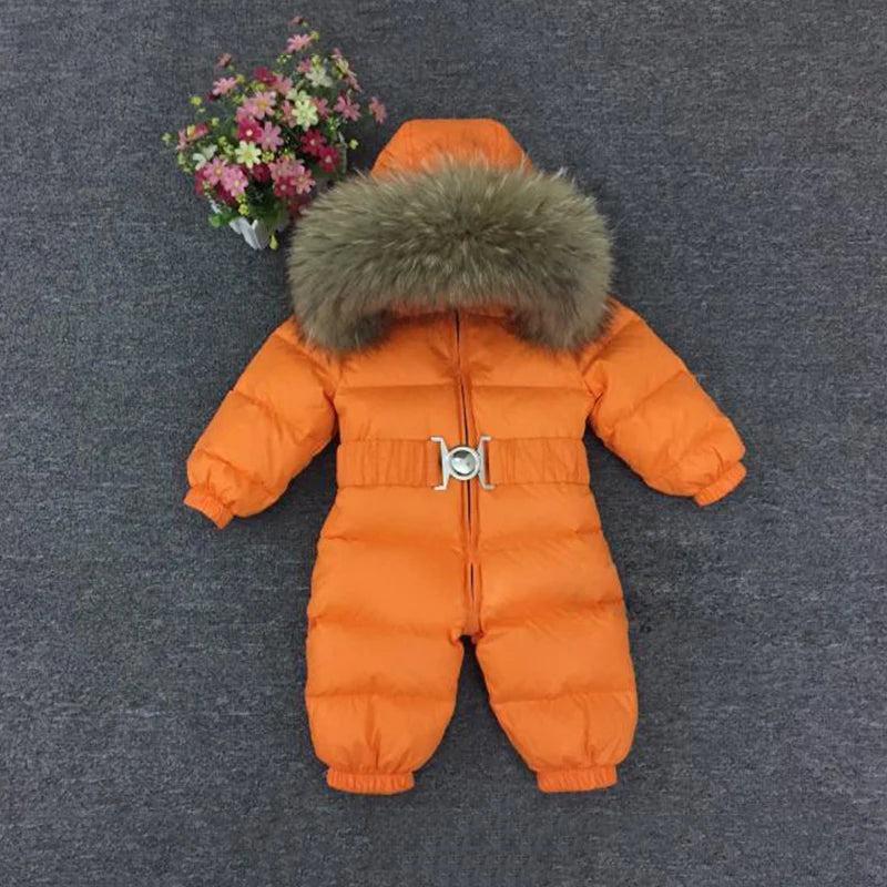 -30 Degree Kids Baby Snowsuit Winter Real Raccoon Fur Collar Boys Girls Rompers Thick Warm Down Jumpsuit Children Coat 1-5Years