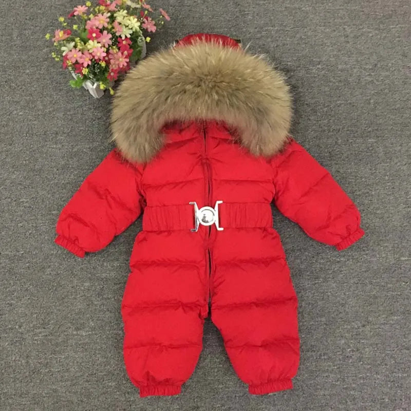 -30 Degree Kids Baby Snowsuit Winter Real Raccoon Fur Collar Boys Girls Rompers Thick Warm Down Jumpsuit Children Coat 1-5Years