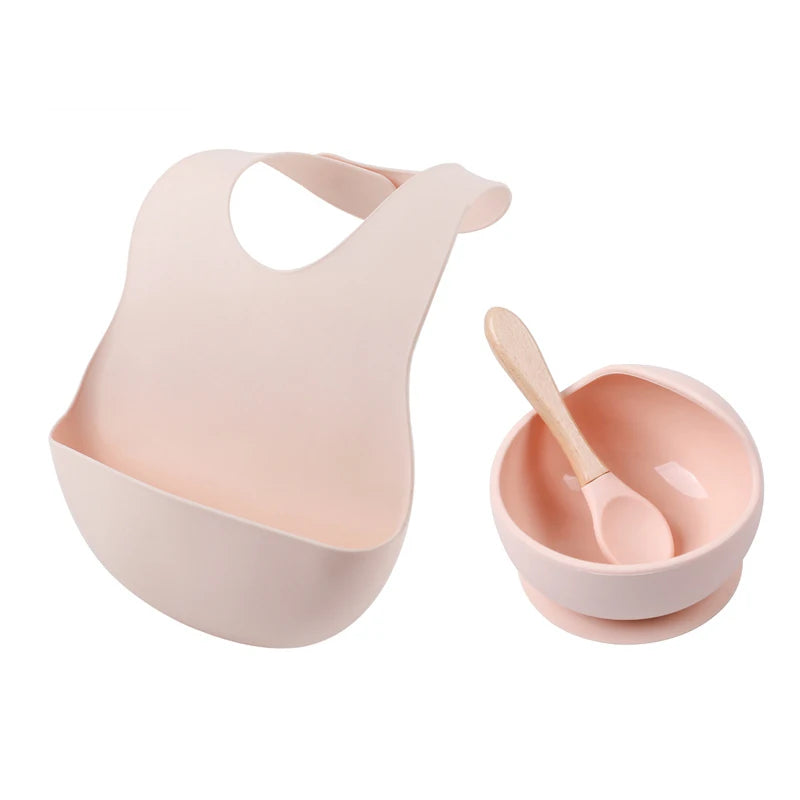 3Pcs/Set Baby Bibs Bowl Spoon Silicone Tableware Waterproof Suction Plate Wooden Handle Silicone Feeding Spoon Bibs Dishes Sets