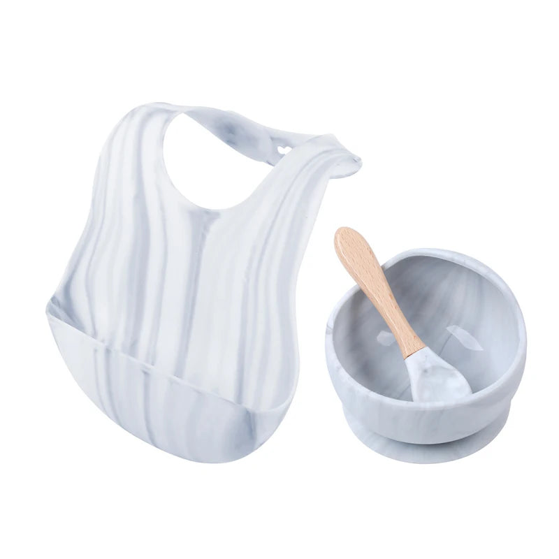 3Pcs/Set Baby Bibs Bowl Spoon Silicone Tableware Waterproof Suction Plate Wooden Handle Silicone Feeding Spoon Bibs Dishes Sets