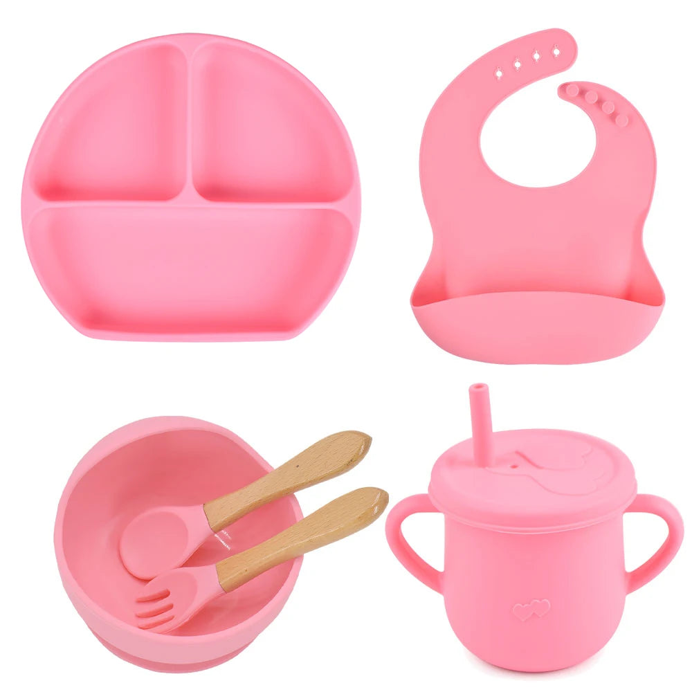 6PCS/Set Baby Silicone Dining Plate With Sucker Bowl Sippy Cup Bibs Spoon Fork BPA Free Children Feeding Tableware Baby Dishes