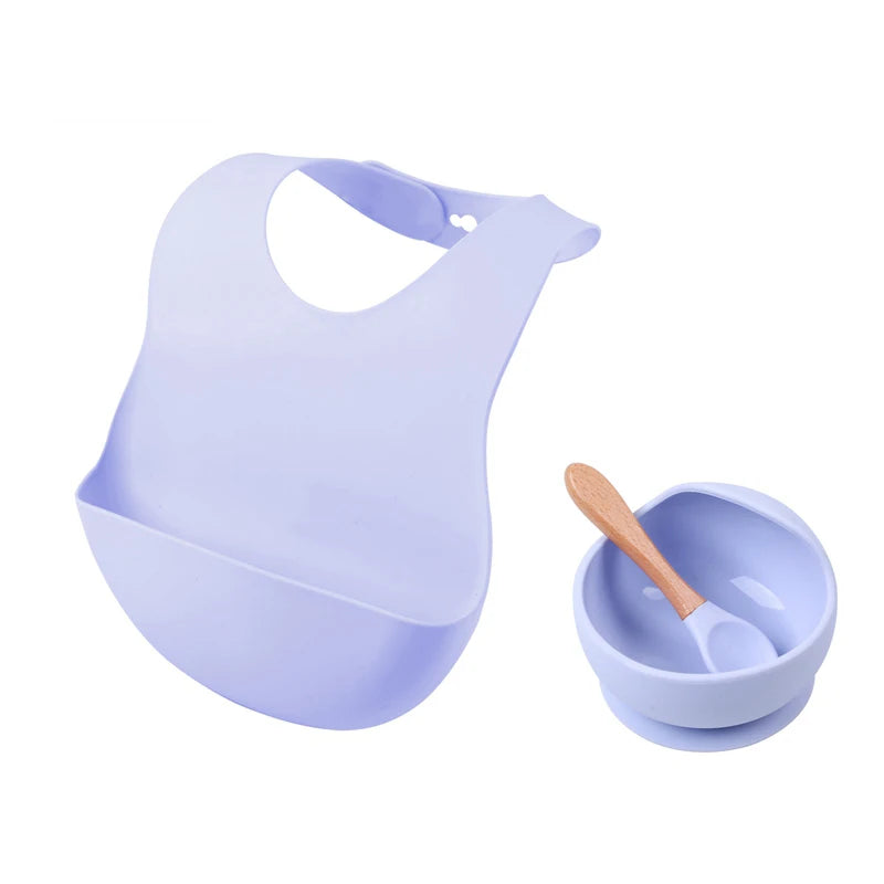 3Pcs/Set Baby Bibs Bowl Spoon Silicone Tableware Waterproof Suction Plate Wooden Handle Silicone Feeding Spoon Bibs Dishes Sets