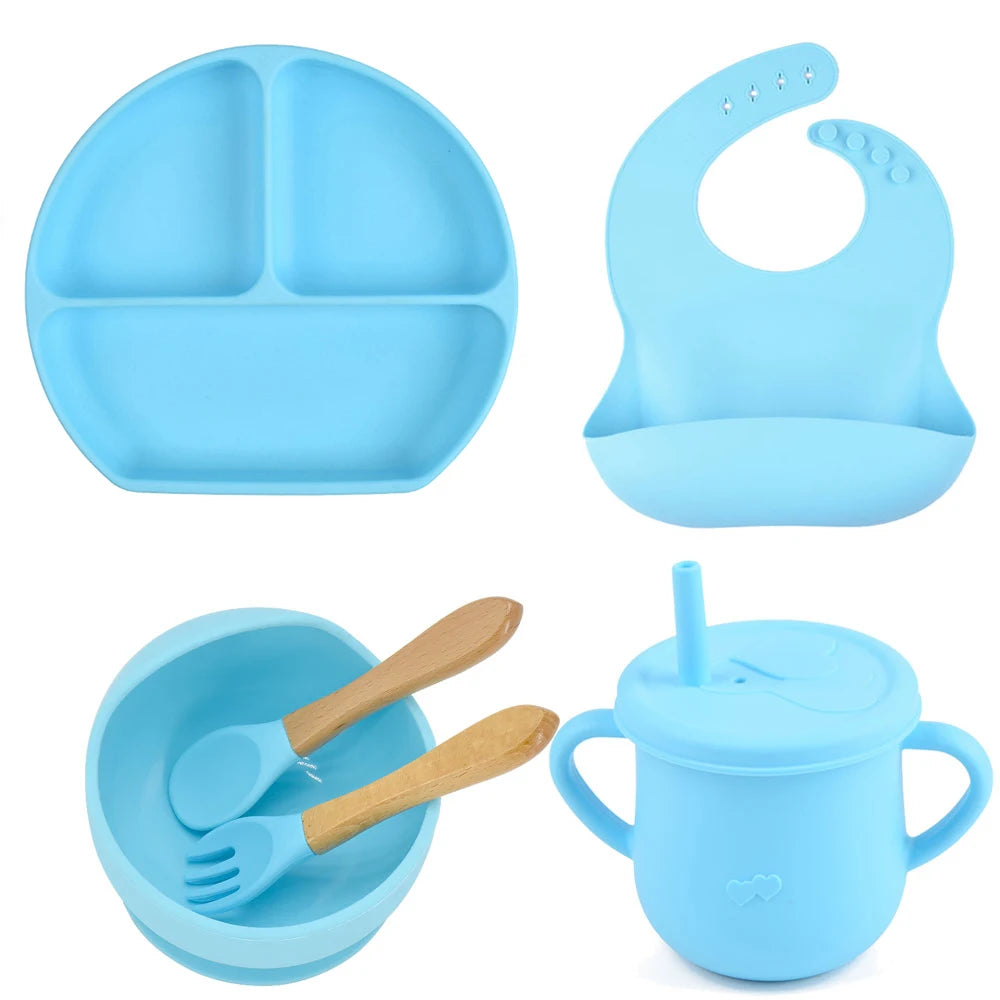 6PCS/Set Baby Silicone Dining Plate With Sucker Bowl Sippy Cup Bibs Spoon Fork BPA Free Children Feeding Tableware Baby Dishes