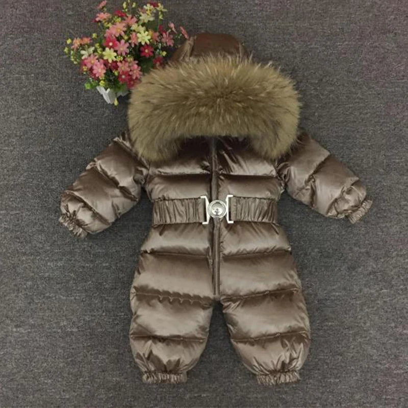 -30 Degree Kids Baby Snowsuit Winter Real Raccoon Fur Collar Boys Girls Rompers Thick Warm Down Jumpsuit Children Coat 1-5Years