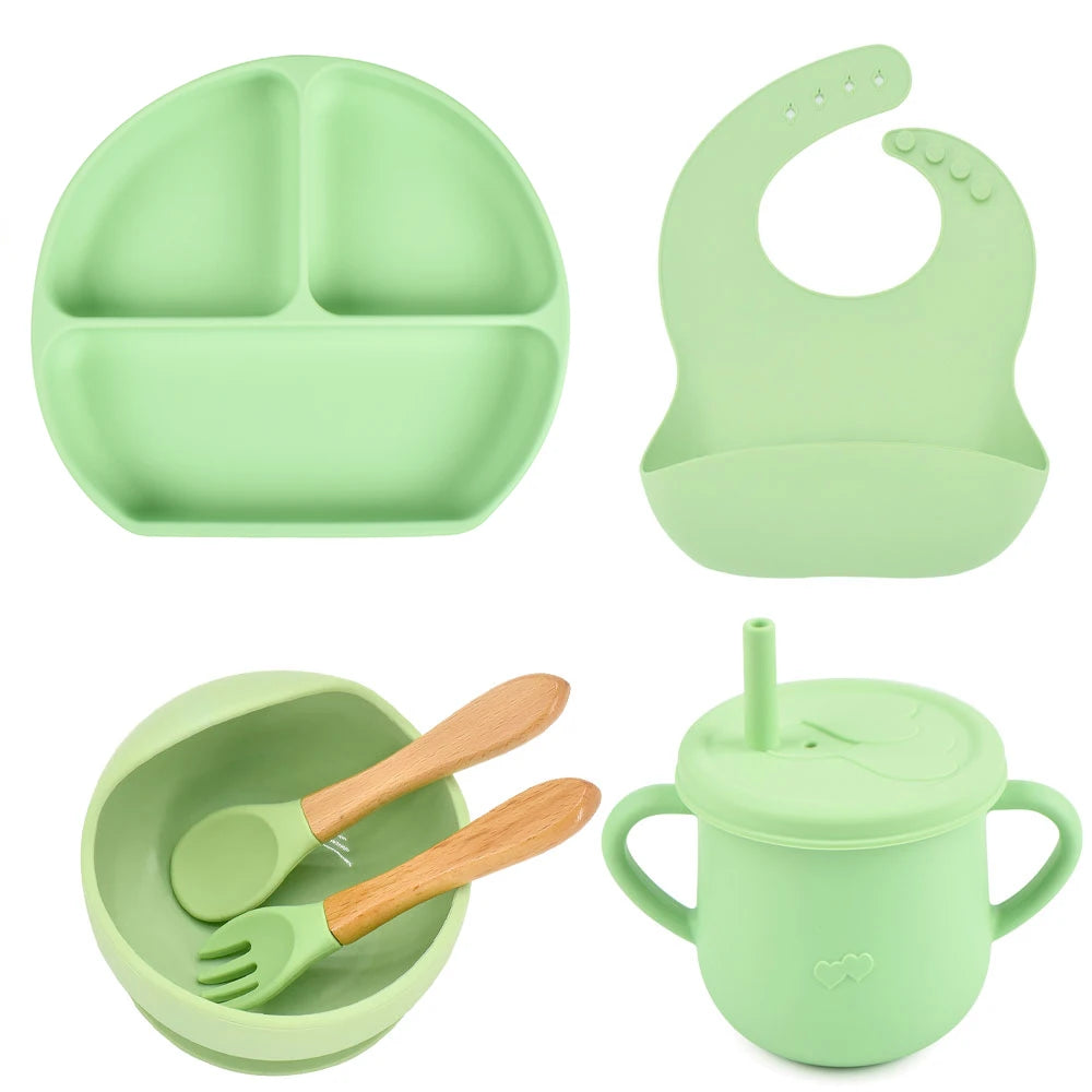 6PCS/Set Baby Silicone Dining Plate With Sucker Bowl Sippy Cup Bibs Spoon Fork BPA Free Children Feeding Tableware Baby Dishes