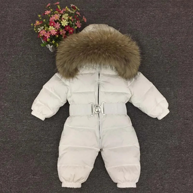 -30 Degree Kids Baby Snowsuit Winter Real Raccoon Fur Collar Boys Girls Rompers Thick Warm Down Jumpsuit Children Coat 1-5Years