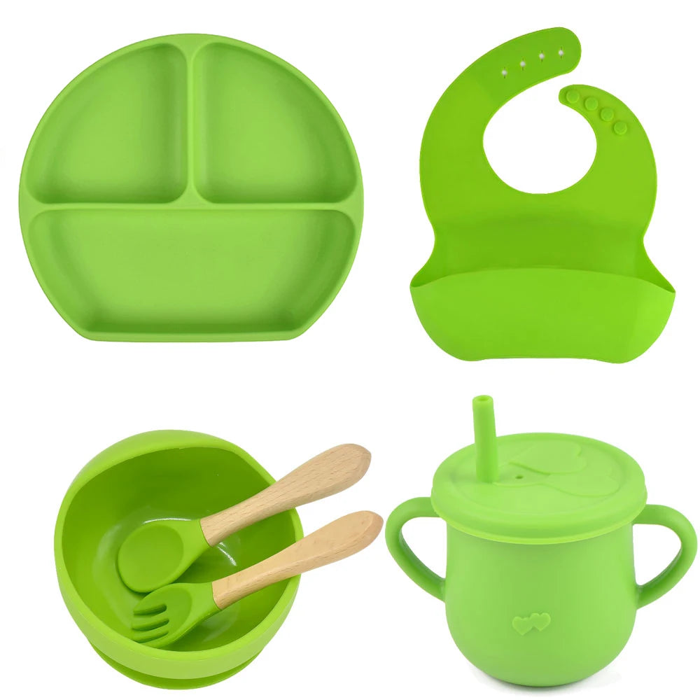 6PCS/Set Baby Silicone Dining Plate With Sucker Bowl Sippy Cup Bibs Spoon Fork BPA Free Children Feeding Tableware Baby Dishes