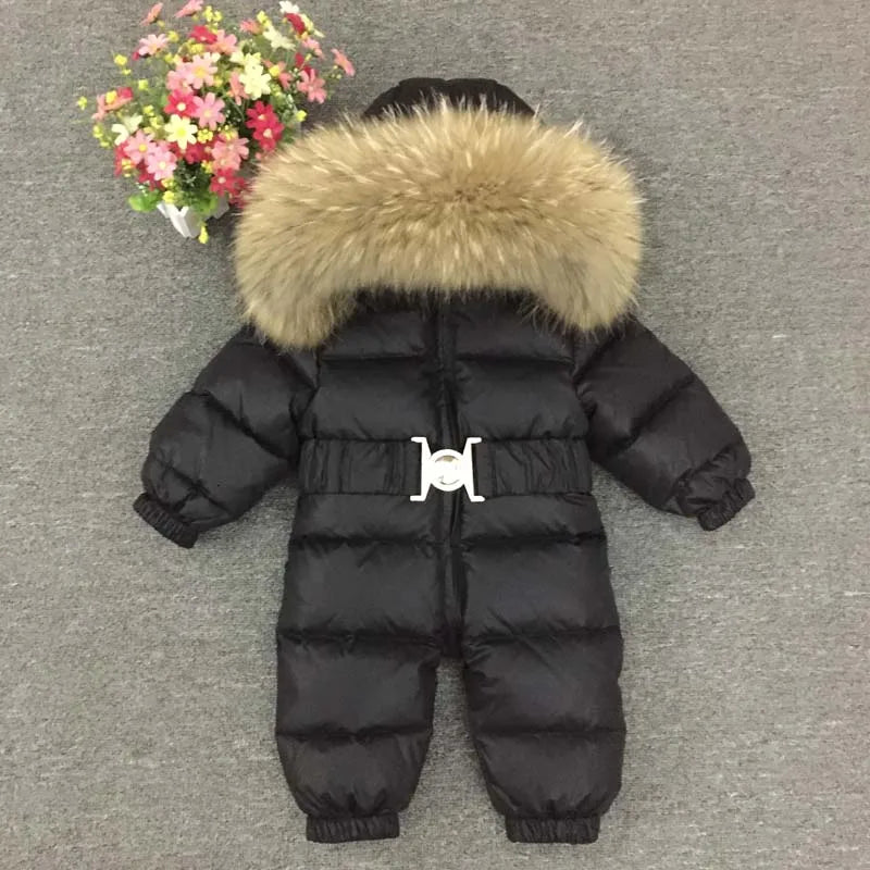 -30 Degree Kids Baby Snowsuit Winter Real Raccoon Fur Collar Boys Girls Rompers Thick Warm Down Jumpsuit Children Coat 1-5Years