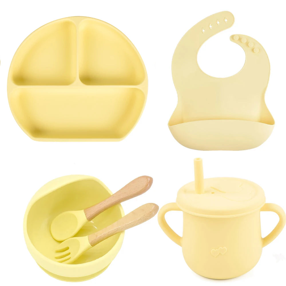 6PCS/Set Baby Silicone Dining Plate With Sucker Bowl Sippy Cup Bibs Spoon Fork BPA Free Children Feeding Tableware Baby Dishes