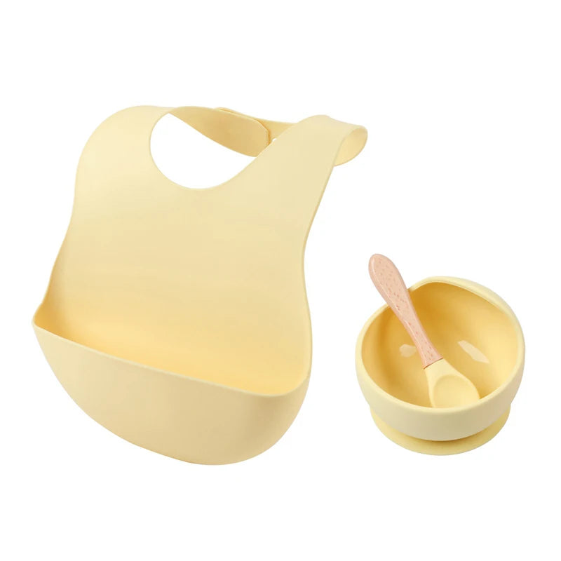 3Pcs/Set Baby Bibs Bowl Spoon Silicone Tableware Waterproof Suction Plate Wooden Handle Silicone Feeding Spoon Bibs Dishes Sets