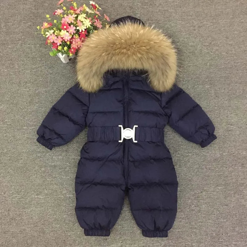 -30 Degree Kids Baby Snowsuit Winter Real Raccoon Fur Collar Boys Girls Rompers Thick Warm Down Jumpsuit Children Coat 1-5Years