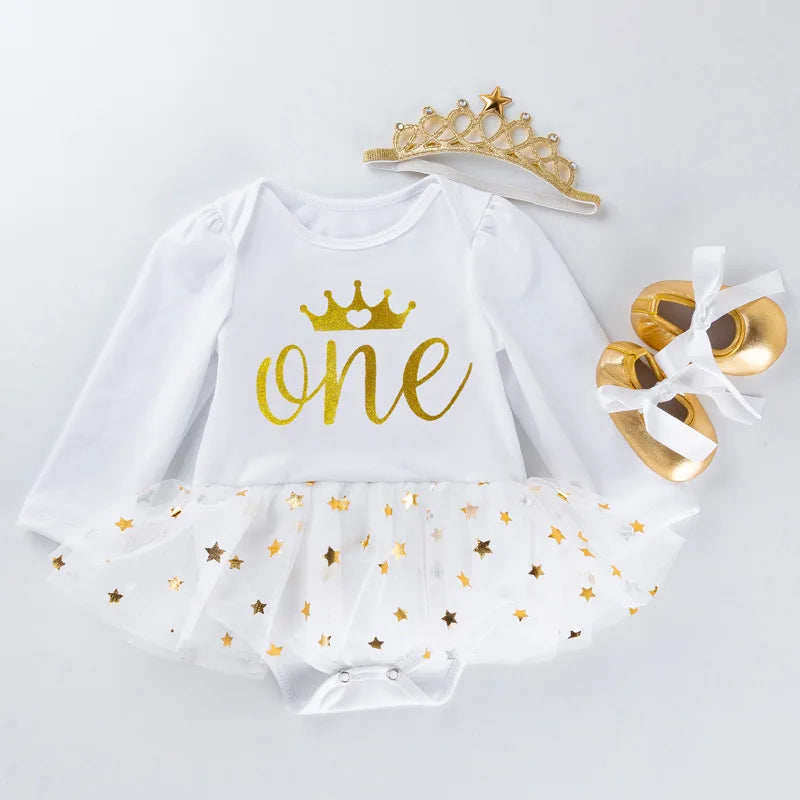 Newborn Baby Girls Birthday Outfits Dresses for 1st First Birthday Party Romper +Headband 1 Year Christening Tutu Dress 4Pcs Set