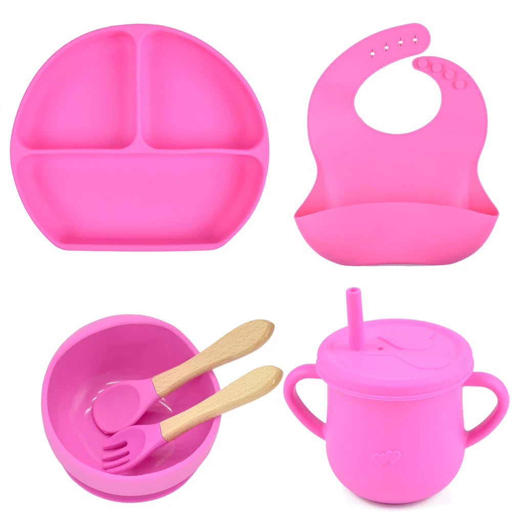 6PCS/Set Baby Silicone Dining Plate With Sucker Bowl Sippy Cup Bibs Spoon Fork BPA Free Children Feeding Tableware Baby Dishes