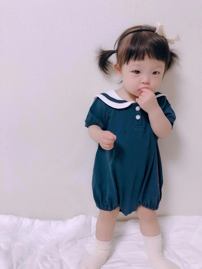 Summer Infants Clothes Preppy Style Newborn Baby Rompers Sailor Collar Toddlers Boys Girls Jumpsuits Short Sleeve Kids Overalls