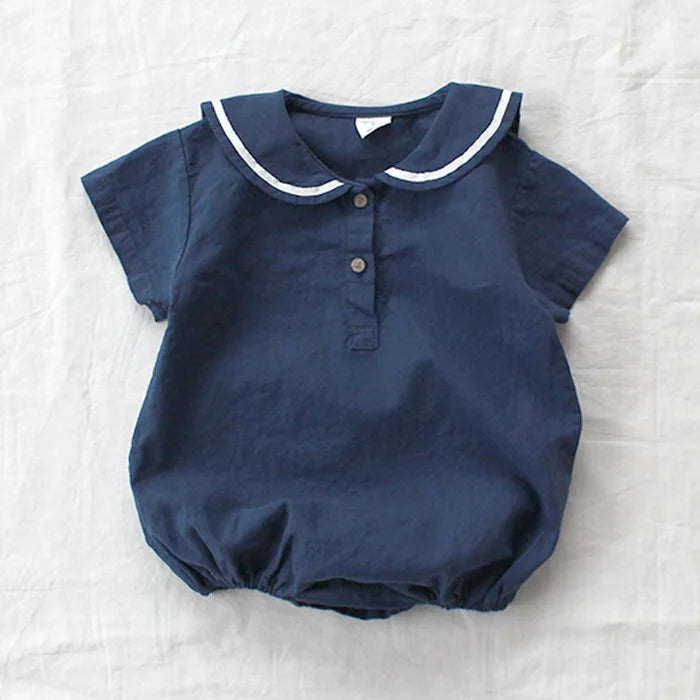 Summer Infants Clothes Preppy Style Newborn Baby Rompers Sailor Collar Toddlers Boys Girls Jumpsuits Short Sleeve Kids Overalls