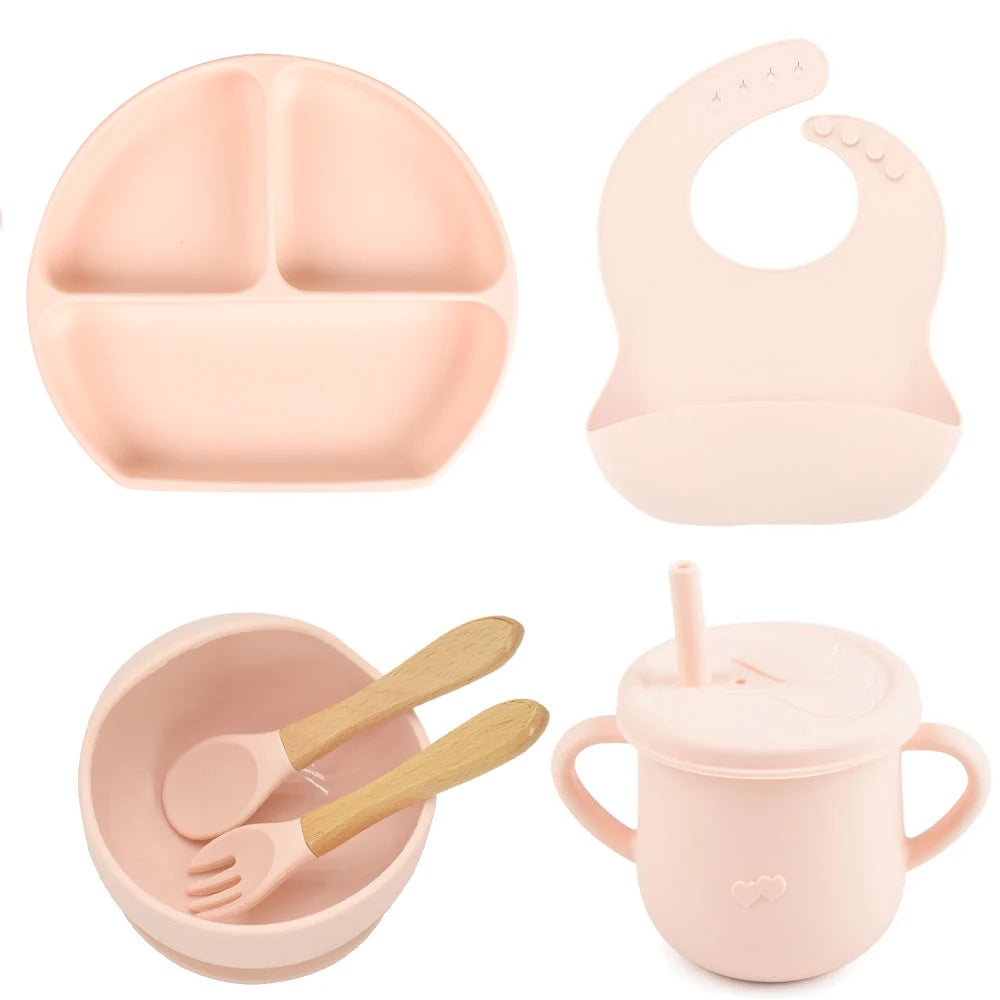 6PCS/Set Baby Silicone Dining Plate With Sucker Bowl Sippy Cup Bibs Spoon Fork BPA Free Children Feeding Tableware Baby Dishes