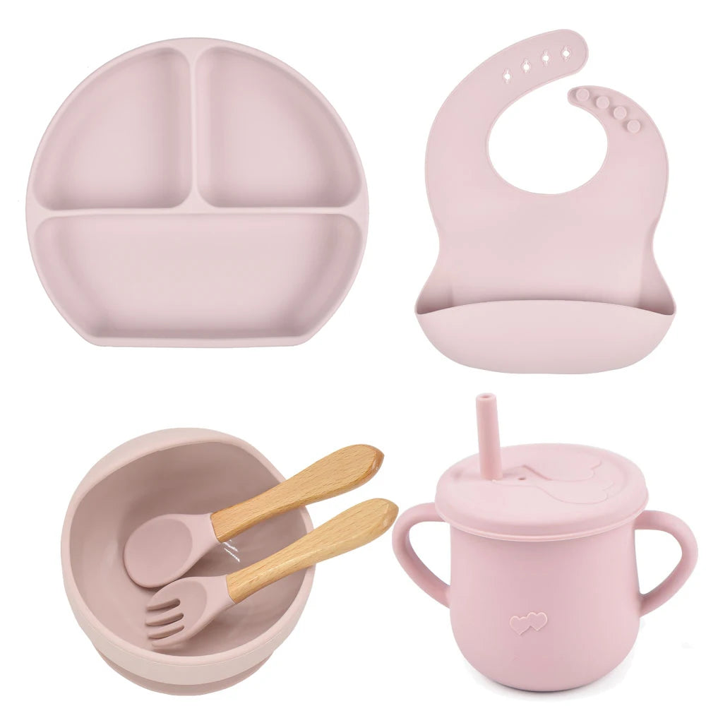 6PCS/Set Baby Silicone Dining Plate With Sucker Bowl Sippy Cup Bibs Spoon Fork BPA Free Children Feeding Tableware Baby Dishes