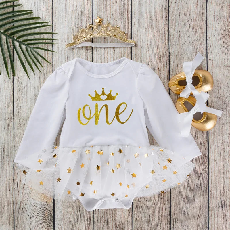 Newborn Baby Girls Birthday Outfits Dresses for 1st First Birthday Party Romper +Headband 1 Year Christening Tutu Dress 4Pcs Set