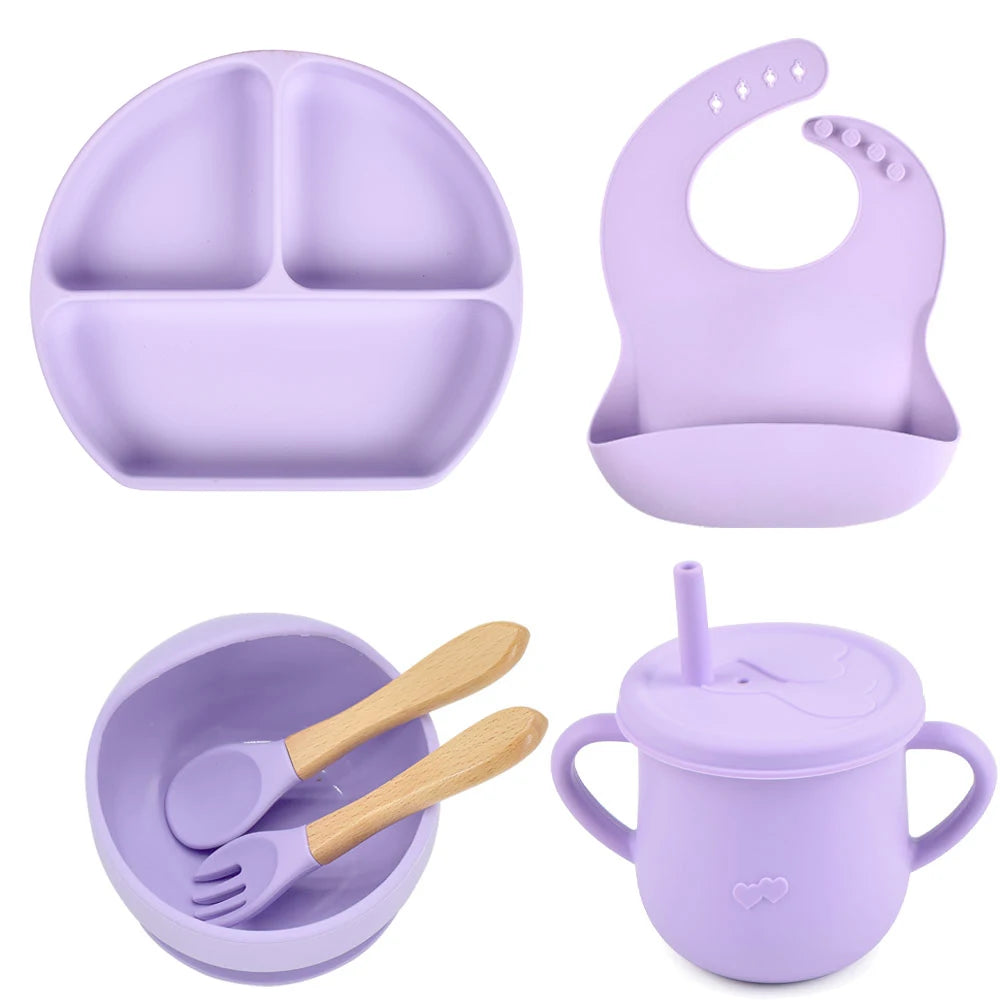 6PCS/Set Baby Silicone Dining Plate With Sucker Bowl Sippy Cup Bibs Spoon Fork BPA Free Children Feeding Tableware Baby Dishes