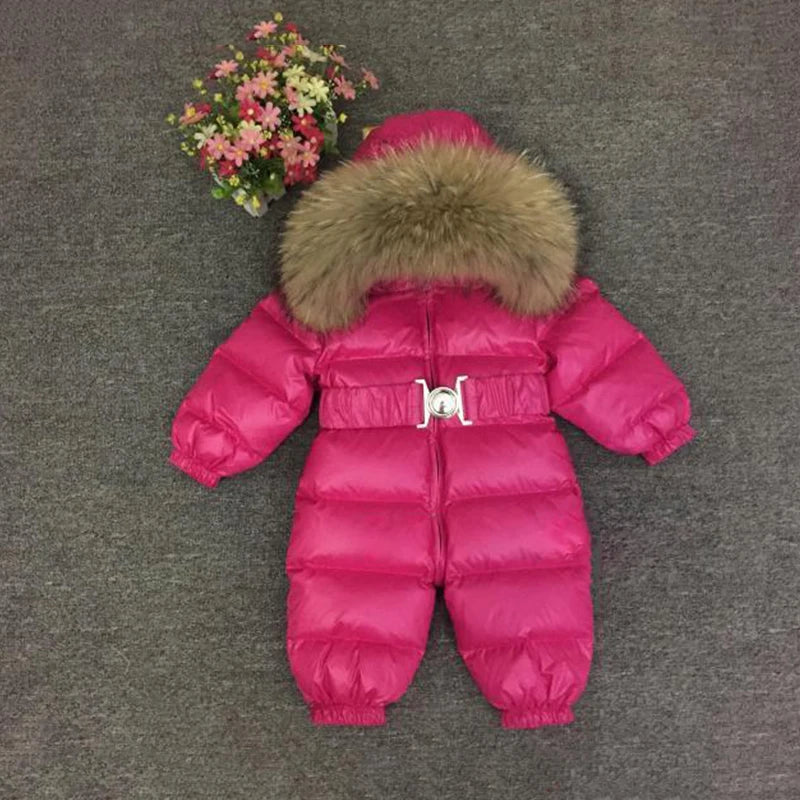 -30 Degree Kids Baby Snowsuit Winter Real Raccoon Fur Collar Boys Girls Rompers Thick Warm Down Jumpsuit Children Coat 1-5Years