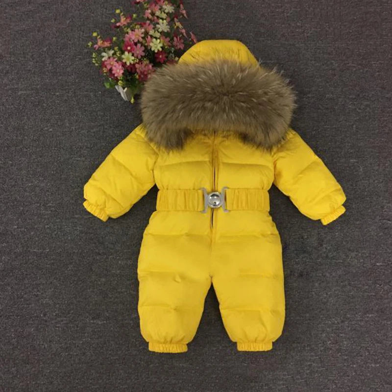 -30 Degree Kids Baby Snowsuit Winter Real Raccoon Fur Collar Boys Girls Rompers Thick Warm Down Jumpsuit Children Coat 1-5Years