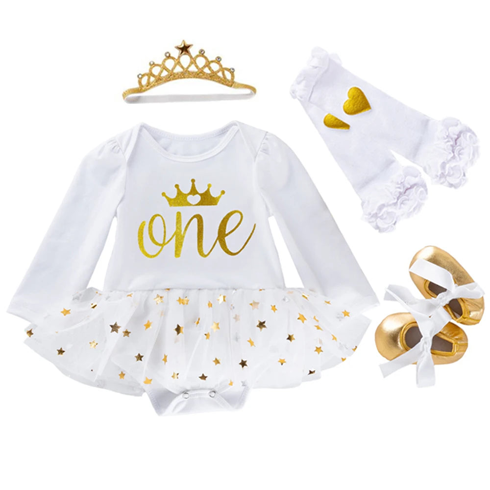 Newborn Baby Girls Birthday Outfits Dresses for 1st First Birthday Party Romper +Headband 1 Year Christening Tutu Dress 4Pcs Set