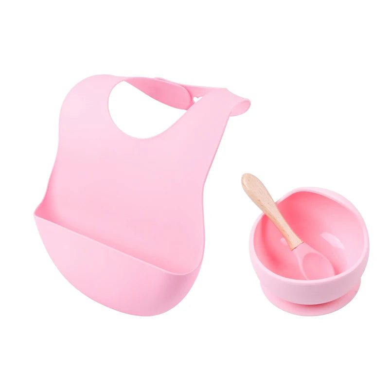 3Pcs/Set Baby Bibs Bowl Spoon Silicone Tableware Waterproof Suction Plate Wooden Handle Silicone Feeding Spoon Bibs Dishes Sets