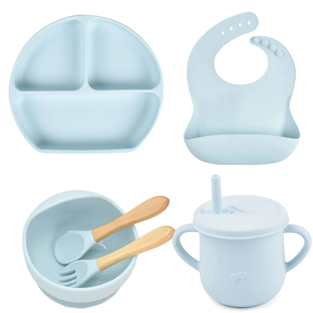 6PCS/Set Baby Silicone Dining Plate With Sucker Bowl Sippy Cup Bibs Spoon Fork BPA Free Children Feeding Tableware Baby Dishes