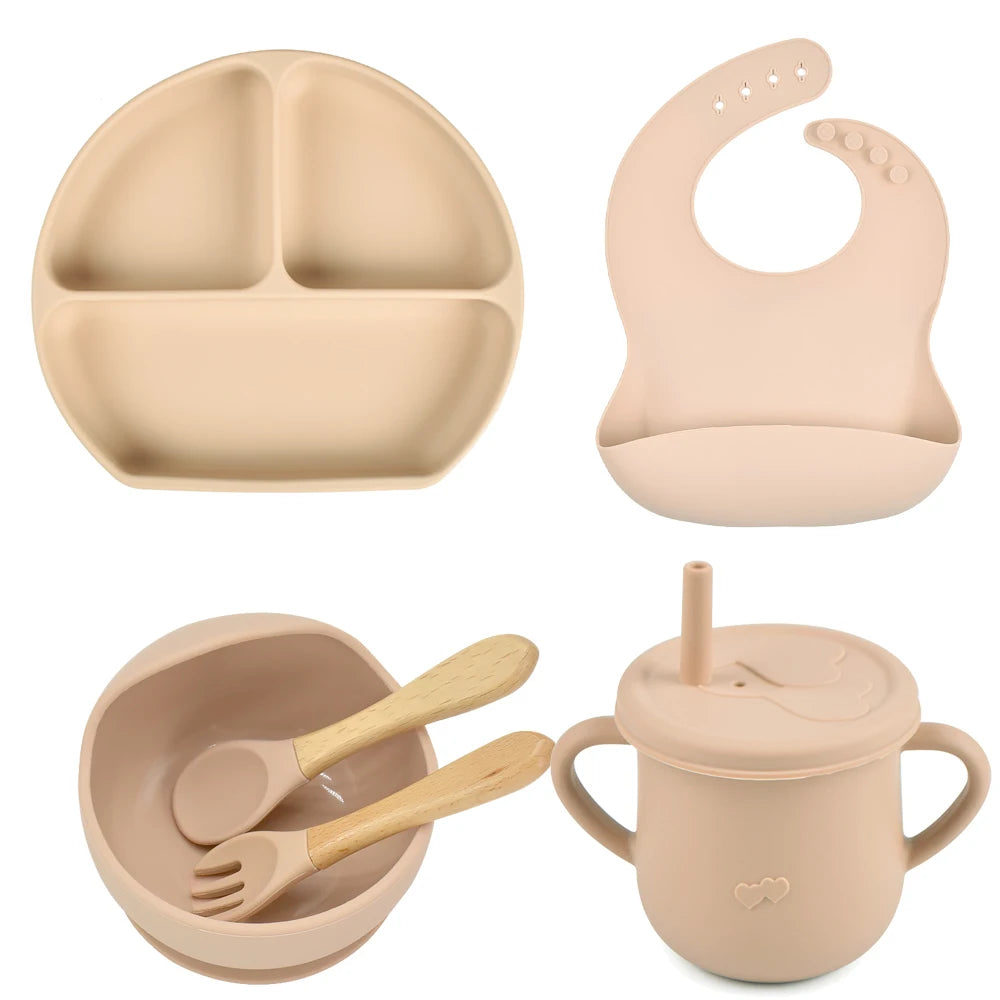 6PCS/Set Baby Silicone Dining Plate With Sucker Bowl Sippy Cup Bibs Spoon Fork BPA Free Children Feeding Tableware Baby Dishes