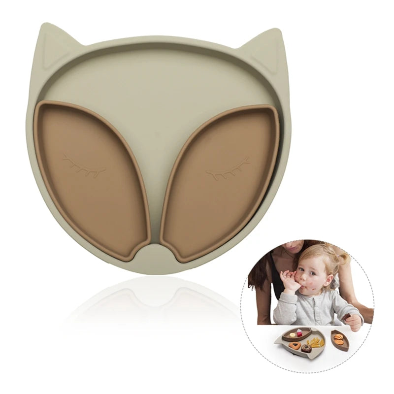 Baby Safe Silicone Dining Plate Solid Cute Fox Cartoon Children Dishes Suction Toddle Training Tableware Kids Feeding Bowls