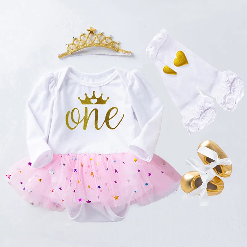 Newborn Baby Girls Birthday Outfits Dresses for 1st First Birthday Party Romper +Headband 1 Year Christening Tutu Dress 4Pcs Set