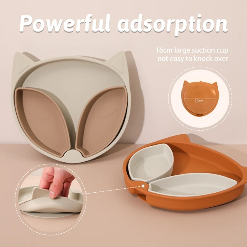 Baby Safe Silicone Dining Plate Solid Cute Fox Cartoon Children Dishes Suction Toddle Training Tableware Kids Feeding Bowls