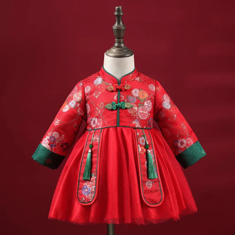 Red Baby Girl Christmas Dress Girls New Year Clothes Infant Tang Cheongsam Qipao Dress Kids Birthday Costume