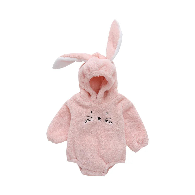 Newborn Baby Bodysuit Autumn Winter Warm Fleece Kid Costume Rabbit Hooded Girls Clothing Animal Overall Bear Ear Jumpsuits 0-24M