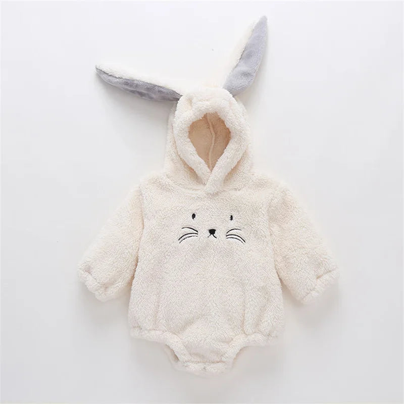 Newborn Baby Bodysuit Autumn Winter Warm Fleece Kid Costume Rabbit Hooded Girls Clothing Animal Overall Bear Ear Jumpsuits 0-24M