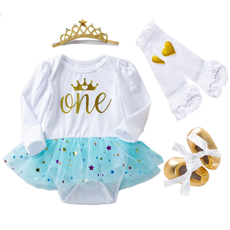 Newborn Baby Girls Birthday Outfits Dresses for 1st First Birthday Party Romper +Headband 1 Year Christening Tutu Dress 4Pcs Set