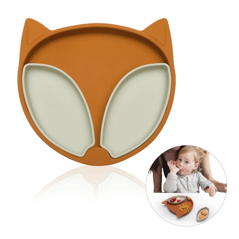 Baby Safe Silicone Dining Plate Solid Cute Fox Cartoon Children Dishes Suction Toddle Training Tableware Kids Feeding Bowls