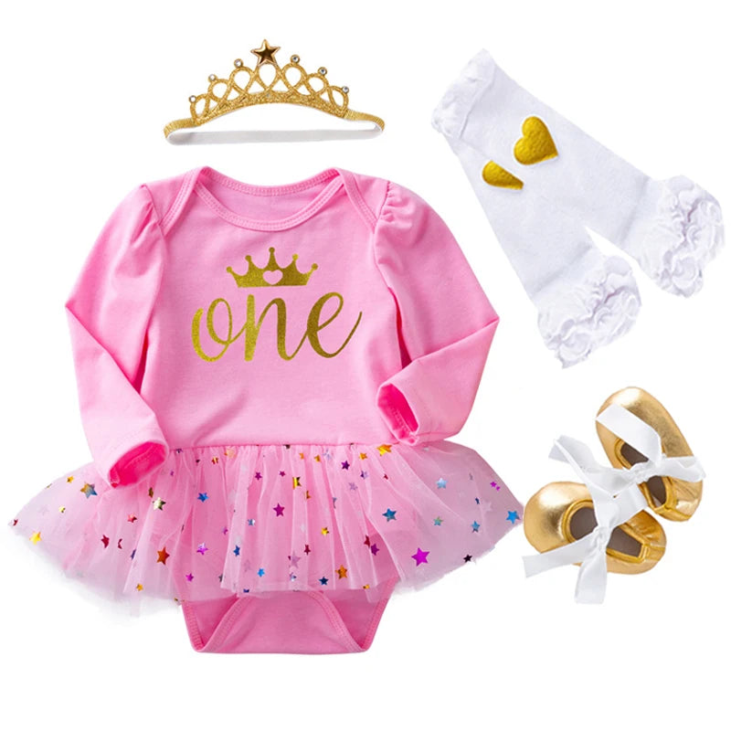 Newborn Baby Girls Birthday Outfits Dresses for 1st First Birthday Party Romper +Headband 1 Year Christening Tutu Dress 4Pcs Set